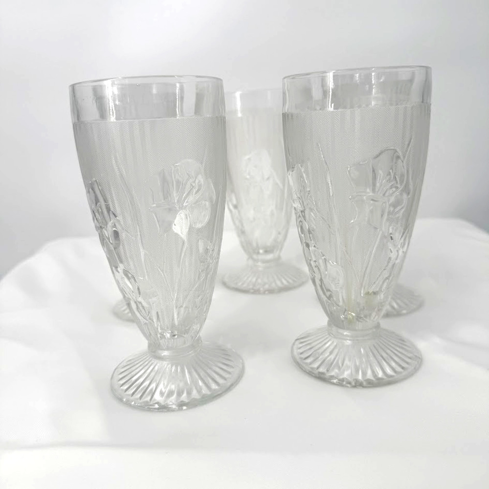 Vintage Soda Fountain Milkshake Glasses Set of 5 Floral Pressed Glass 8”